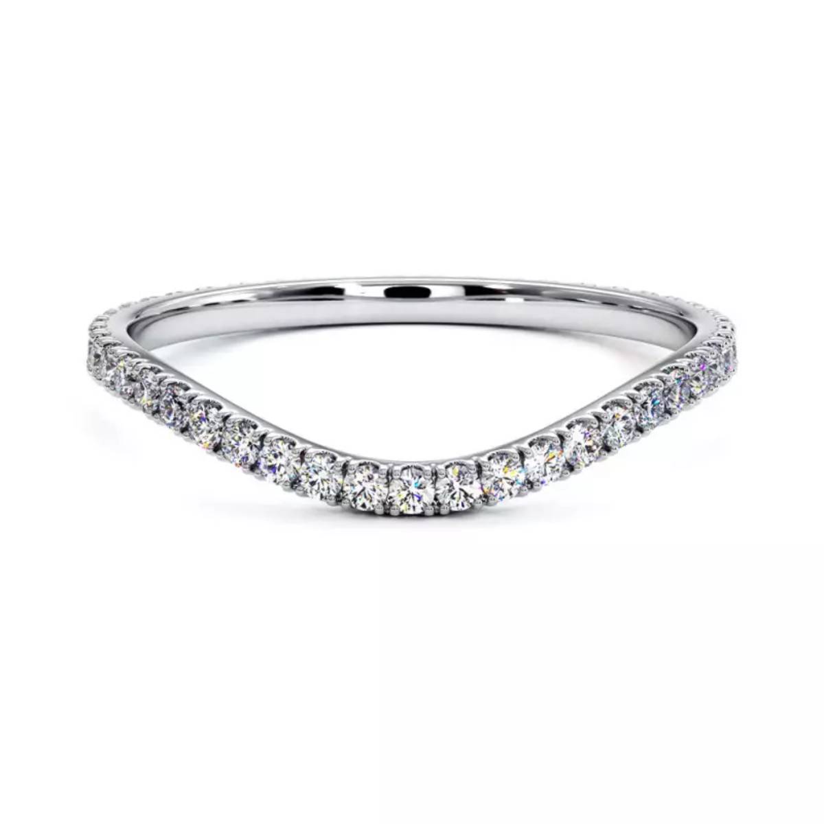 Alliance femme fine en or blanc 18K, forme V élégante, pavée de diamants de laboratoire, design moderne et minimaliste – Laveran Paris.